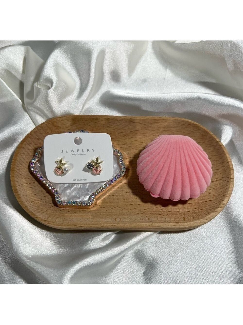 Pink & Clear Crystal Seashell 925 Post Earrings with Clamshell 🎁 Box